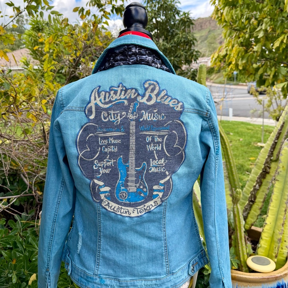 Guess Light Blue Jean Jacket with Austin Blues Design scarf included